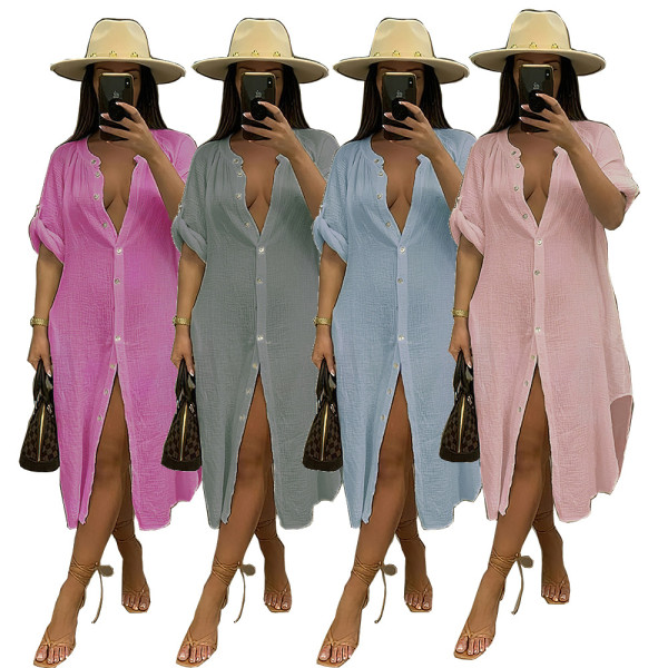 Washed Cotton Solid Multi Color Cardigan Long Dress