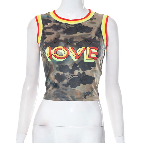 Round neck sleeveless letter printed shorts, T-shirt, tank top