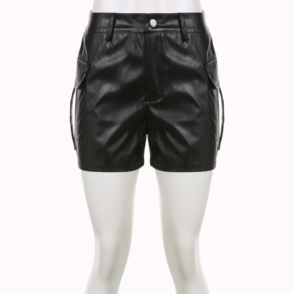 Women's Solid PU Leather High Waist Zipper Pocket Tight Personalized Street Fashion Short