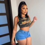 Round neck sleeveless letter printed shorts, T-shirt, tank top