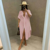 Washed Cotton Solid Multi Color Cardigan Long Dress