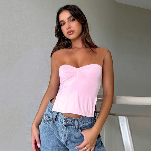Solid Square Neck Strap Pleated Open Back Tank Top T-shirt