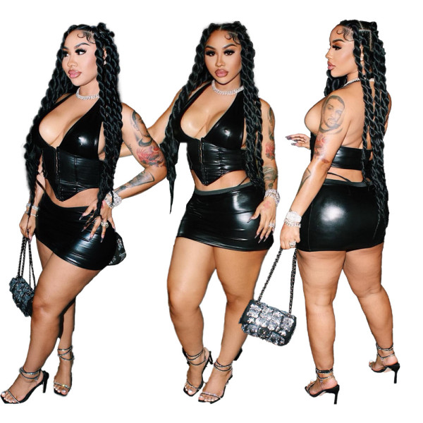 Women's Fashion Sexy Tight PU Leather Women's Set Two Piece Set