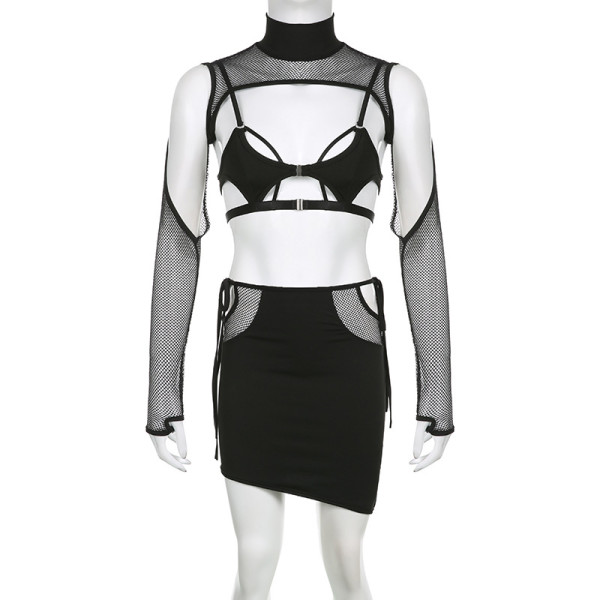 Solid color personalized street hollowed out mesh suspender waist wrap buttocks skirt set