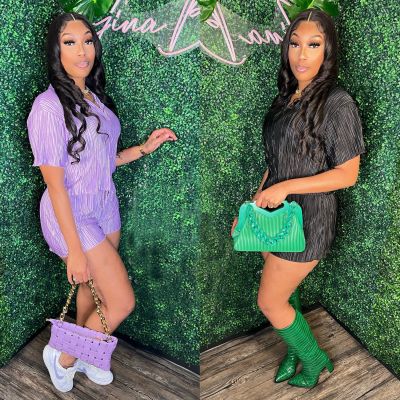 Pleated casual shorts short sleeved two-piece set