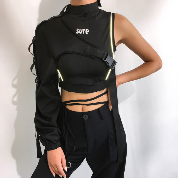 Asymmetric One Shoulder Long Sleeve Bookbag Button Reflective Panel Top Cover