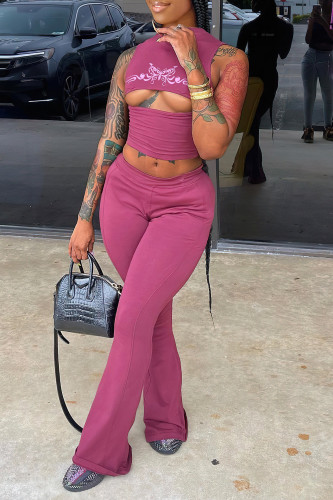 Slim fitting graphic and text printed hollowed out bell bottoms fashion women's set