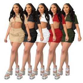 Workwear solid color short sleeved short skirt shirt two-piece set