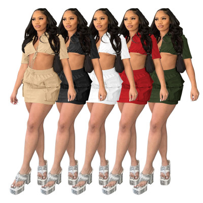 Workwear solid color short sleeved short skirt shirt two-piece set