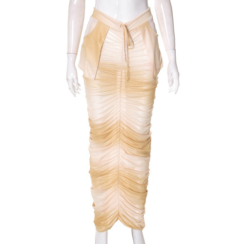 Solid casual drawstring pleated pocket mesh slim fitting long skirt