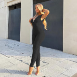 Solid color tight zippered small V-neck sleeveless backless basic small foot jumpsuit pants