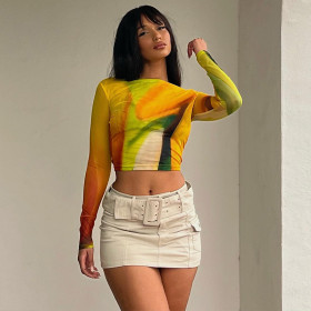 Sexy Mesh Printed Round Neck Open Navel Long Sleeve Slim Fit T-shirt Top