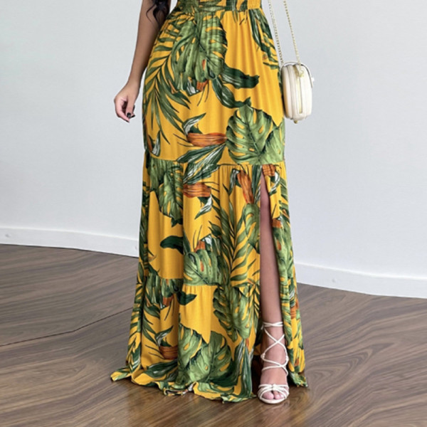 Casual printed strap slit ruffled dress