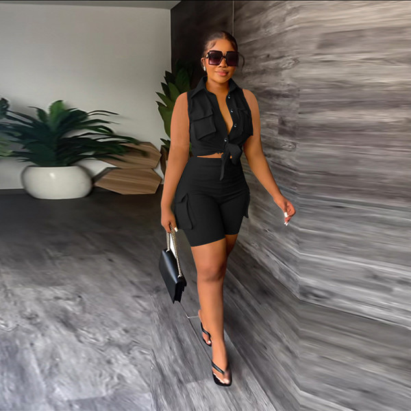 Shirt Sleeveless Shorts 3D Pocket Solid Two Piece Set
