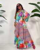 Oversized V-neck printed skirt with pleats, long sleeved loose fitting dress