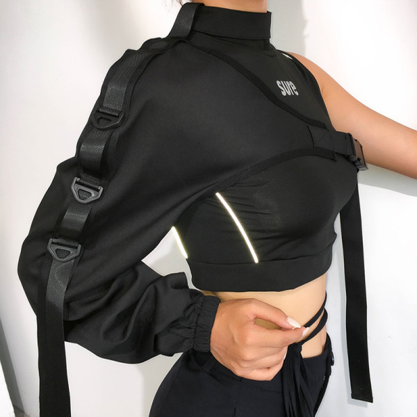 Asymmetric One Shoulder Long Sleeve Bookbag Button Reflective Panel Top Cover