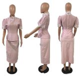 Water soluble floral collage bubble sleeve top+high waisted skirt set