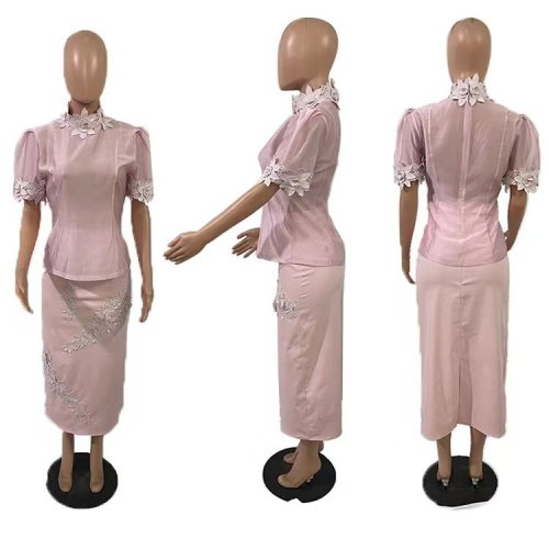 Water soluble floral collage bubble sleeve top+high waisted skirt set