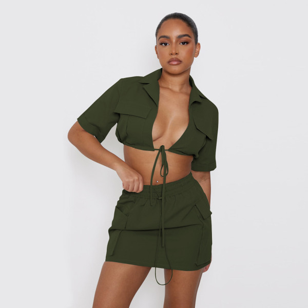 Workwear solid color short sleeved short skirt shirt two-piece set