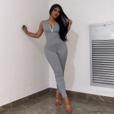 Solid color tight zippered small V-neck sleeveless backless basic small foot jumpsuit pants