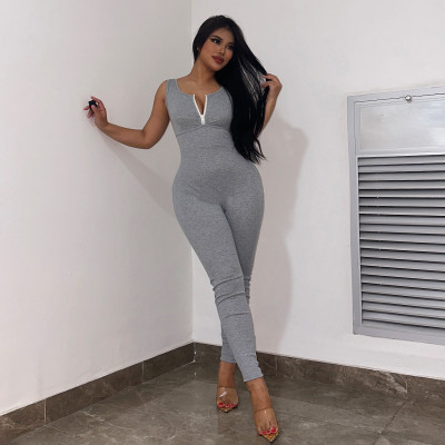 Solid color tight zippered small V-neck sleeveless backless basic small foot jumpsuit pants