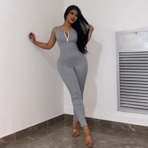 Solid color tight zippered small V-neck sleeveless backless basic small foot jumpsuit pants