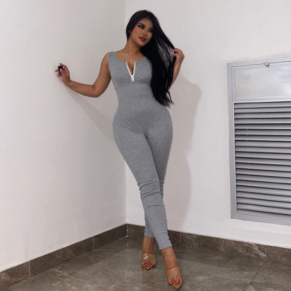 Solid color tight zippered small V-neck sleeveless backless basic small foot jumpsuit pants