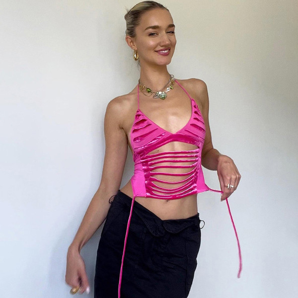 Solid Sexy Open Back Burnt Flower Hollow Sleeveless Strap Hanging Neck Top