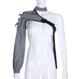Asymmetric One Shoulder Long Sleeve Bookbag Button Reflective Panel Top Cover