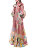 Loose and slim long sleeved silk pleated long skirt with pleated large hem dress