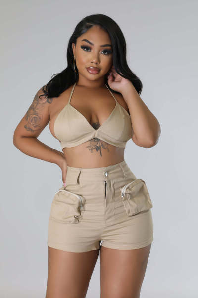 Bust wrap pocket work shorts sexy two-piece set
