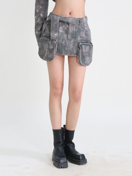 High waisted lace up 3D pocket zipper A-line skirt