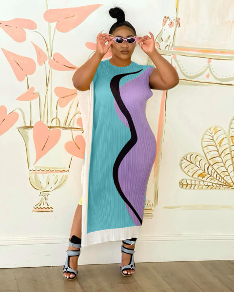 Positioning printed contrasting round neck irregular long skirt