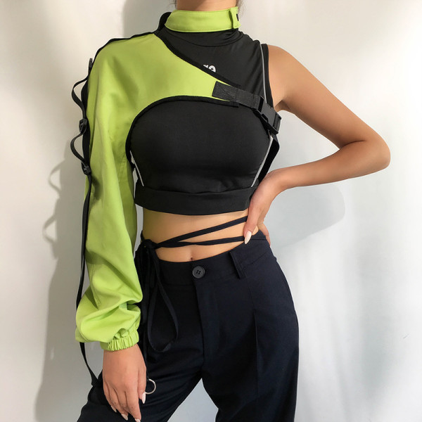 Asymmetric One Shoulder Long Sleeve Bookbag Button Reflective Panel Top Cover
