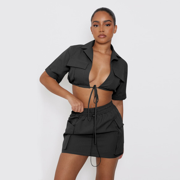 Workwear solid color short sleeved short skirt shirt two-piece set