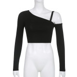 Solid Sexy Off Shoulder Oblique Collar Chest Hollow Out Tank Top Long Sleeve T-shirt Two Piece Set