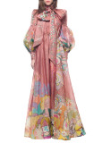 Loose and slim long sleeved silk pleated long skirt with pleated large hem dress
