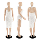 Solid Color Perspective Mesh Neck Hanging Open Back Sexy Dress