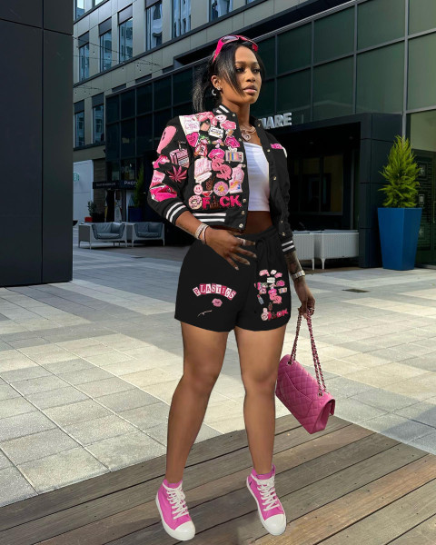 Fashion printed baseball jacket shorts set