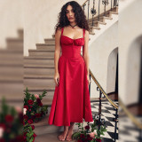 Women's fishbone lace up slim fitting split floral skirt with hollowed out backless suspender dress
