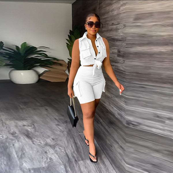 Shirt Sleeveless Shorts 3D Pocket Solid Two Piece Set