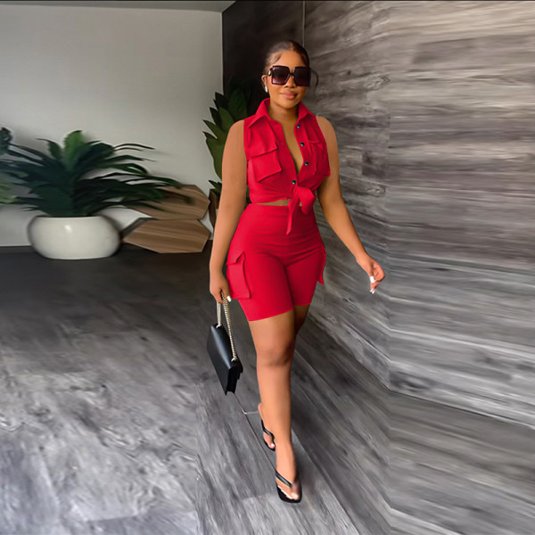 Shirt Sleeveless Shorts 3D Pocket Solid Two Piece Set