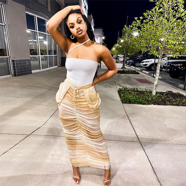Solid casual drawstring pleated pocket mesh slim fitting long skirt