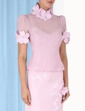 Water soluble floral collage bubble sleeve top+high waisted skirt set
