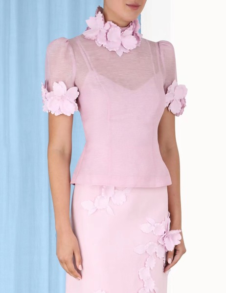 Water soluble floral collage bubble sleeve top+high waisted skirt set