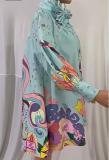 Women's lantern sleeves with large swing, positioning printing, waist closing, slimming long sleeved dress with large swing skirt