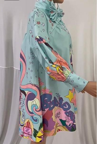 Women's lantern sleeves with large swing, positioning printing, waist closing, slimming long sleeved dress with large swing skirt