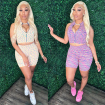 Women's tight zippered vest set, tight shorts two-piece set