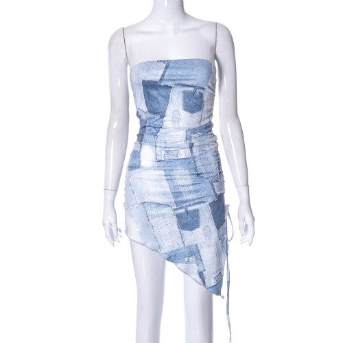 Denim printed off shoulder drawstring pleated tie wrap buttocks dress