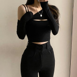 Solid Sexy Off Shoulder Oblique Collar Chest Hollow Out Tank Top Long Sleeve T-shirt Two Piece Set